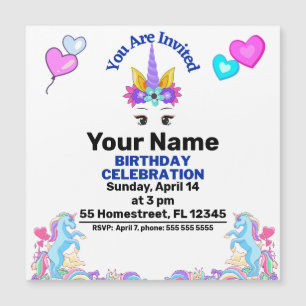 Carte Magnétique Fille rose mignonne Unicorn fête d'anniversaire