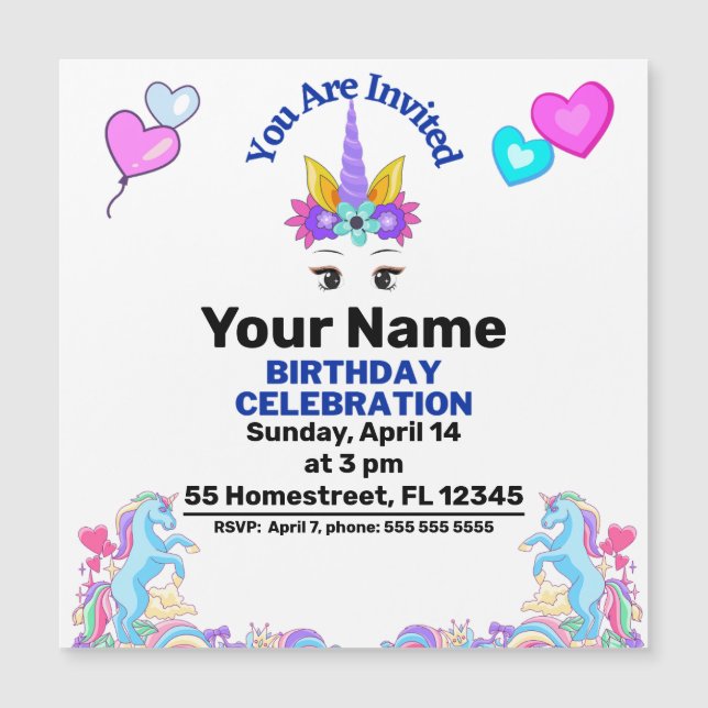 Carte Magnétique Fille rose mignonne Unicorn fête d'anniversaire (Devant)