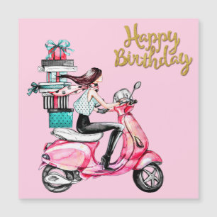 Carte Magnétique Fille sur scooter transportant des cadeaux 