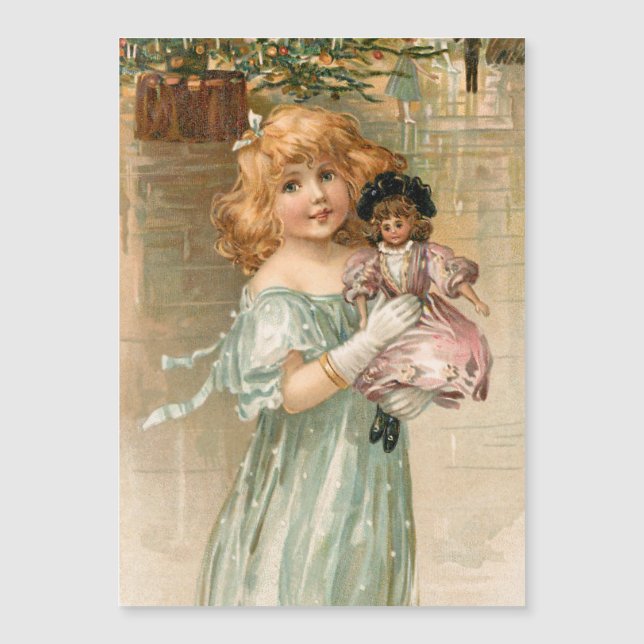 Carte Magnétique Fille victorienne souriante avec poupée au bal de  (Devant)