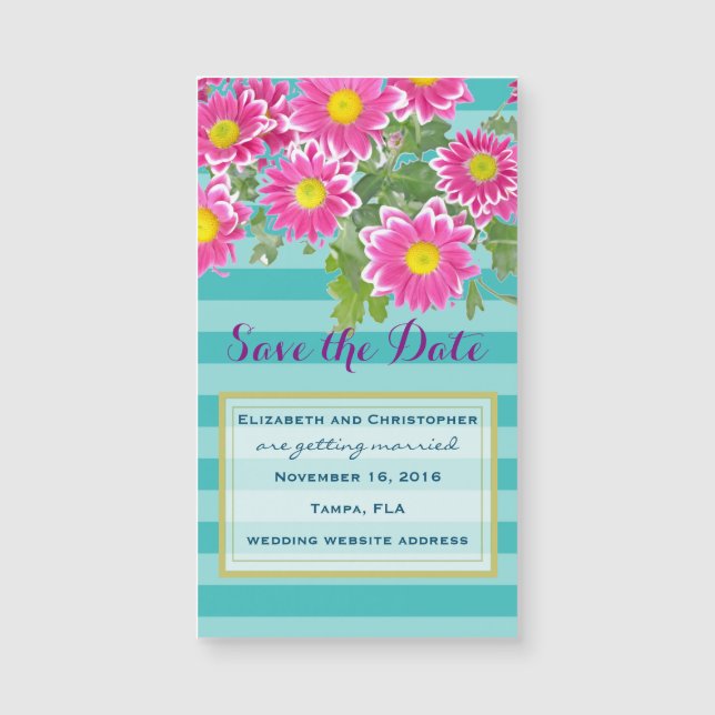 Carte Magnétique Fleurs roses sur bandes Turquoise Enregistrer la d (Devant)