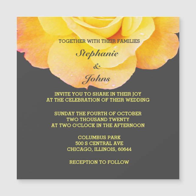 Carte Magnétique Floral Jaune Orange Gris Gris Gris Mariage (Devant)