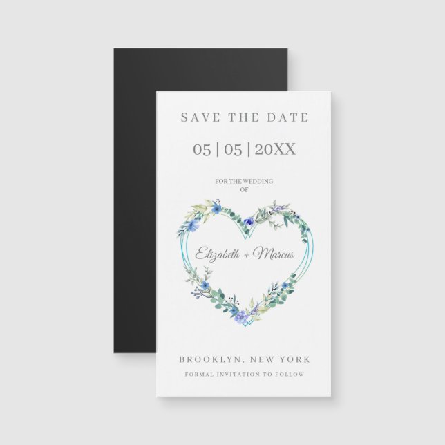 Carte Magnétique Floral Watercolor Heart with Leaves in Blue (Devant / Derrière)