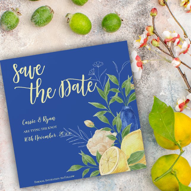 Carte Magnétique Florales bleues romantiques et citron Sauvez la da (Romantic Blue Florals & Lemon Save the Date Invitation)