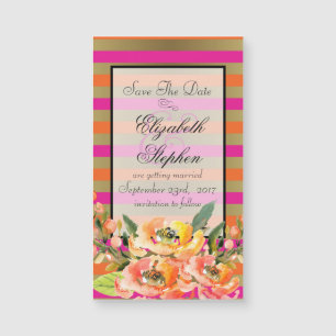 Carte Magnétique Florales sur bandes rose et or Enregistrer la date