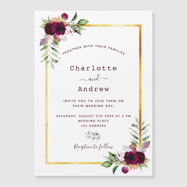 Carte Magnétique Floraux Bourgogne or vert boho mariage (Devant)