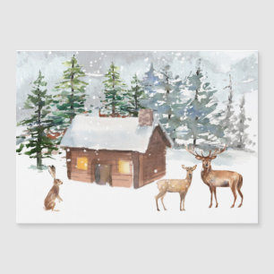 Carte Magnétique Forêt d'hiver, cerf, cabine de billes, lièvre Cart