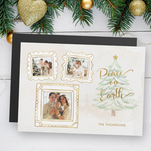 Carte Magnétique Fun Gold Doodle Frame Peace on Earth 3-Photo (Créateur téléchargé)