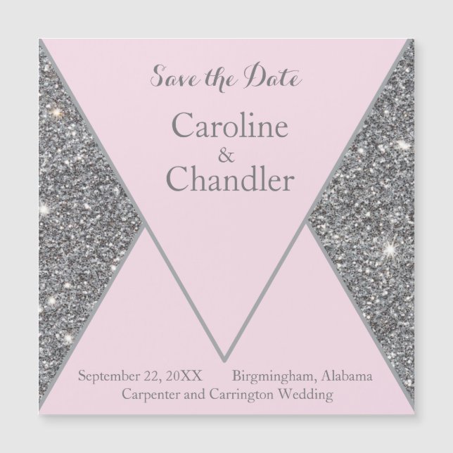 Carte Magnétique Glam Silver et Parties scintillant rose Mariage En (Devant)