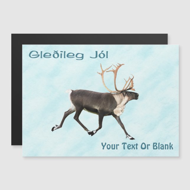 Carte Magnétique Gleðileg Jól - Bull Caribou (Reindeer) Sur La Neig (Devant / Derrière)