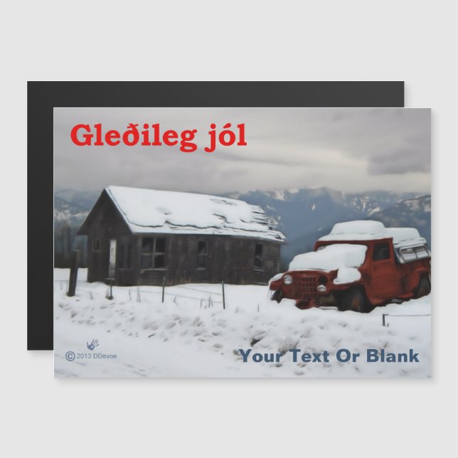 Carte Magnétique Gleðileg Jól - Vieux Camion Rouge (Devant / Derrière)