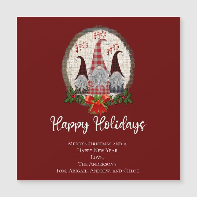 Carte Magnétique Gnomes de Noël Rouge Joyeuses Fêtes Rustique, Carr (Devant)