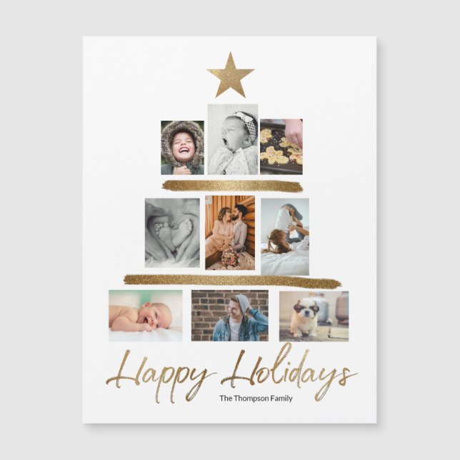 Carte Magnétique Gold Christmas Tree Photo Collage Joyeux jours fér (Devant)