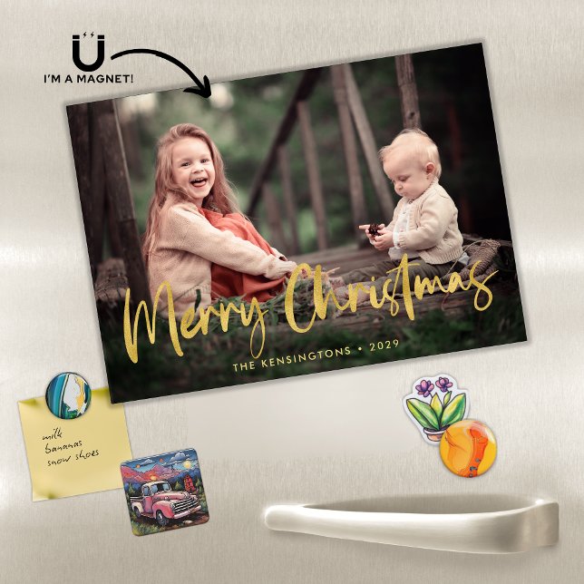 Carte Magnétique Gold Script Joyeux Noël Photo de Noël Magnétique (Gold Script Merry Christmas Holiday Photo Magnetic cards)