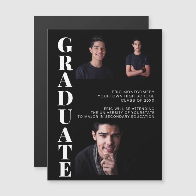 Carte Magnétique Graduation 3 Photo Classe Noire moderne de 2021 (Devant / Derrière)