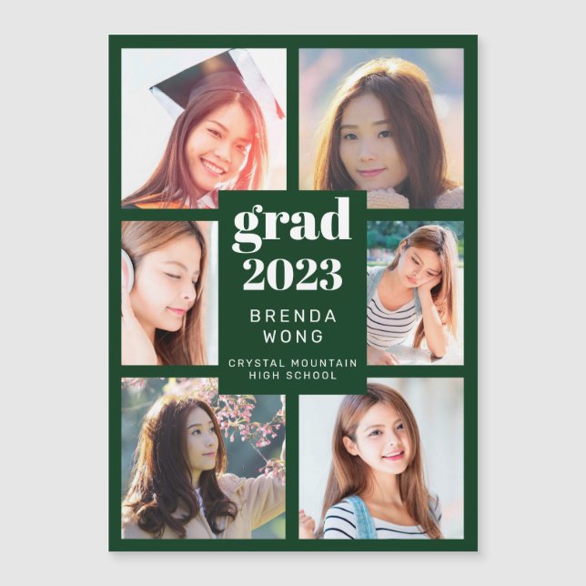 Carte Magnétique Graduation 6 Photo Collage blanc Script vert (Devant)