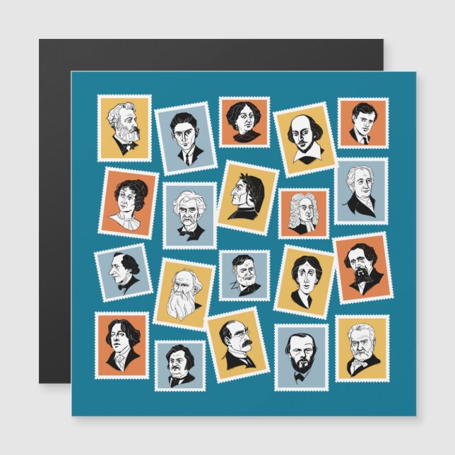 Carte Magnétique Grands écrivains, poètes et dramaturges sur timbre (Devant / Derrière)