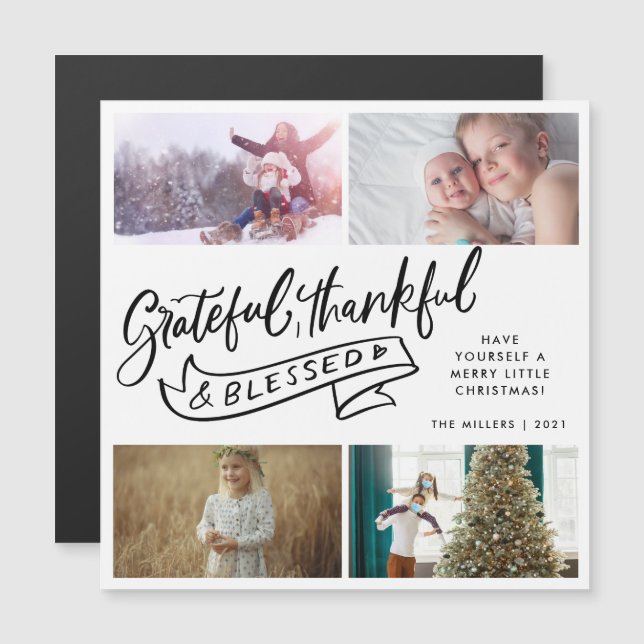 Carte Magnétique Grateful Thankor Bless Famille Photo Noël (Devant / Derrière)