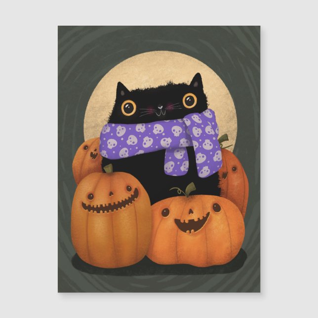 Carte Magnétique Halloween Chat Noir Saison Automne Heureux Hallowe (Devant)