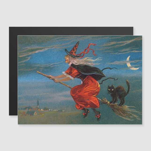 Carte Magnétique Hallowe'en Witch & Black Cat sur la nuit d'Hallowe (Devant / Derrière)