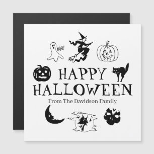 Carte Magnétique Happy Halloween nom personnalisé noir blanc aimant