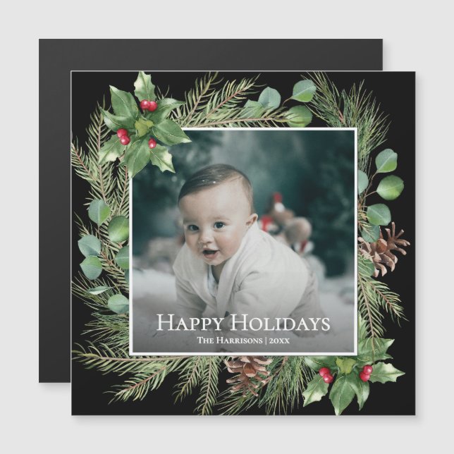 Carte Magnétique Happy Holidays Photo Wreath Greenery Magnetic Card (Devant / Derrière)