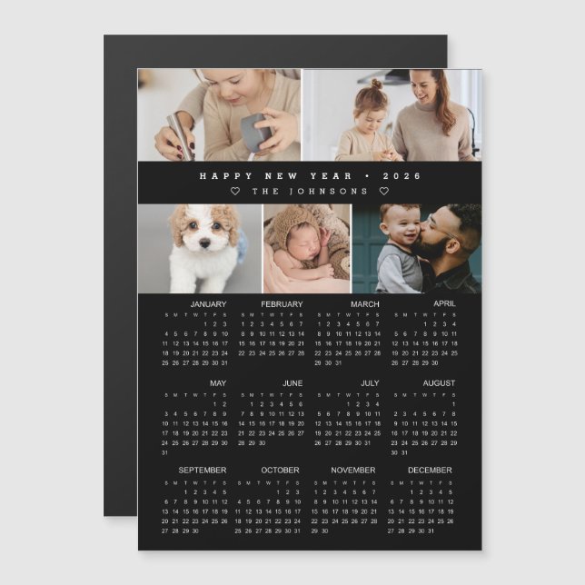 Carte Magnétique Happy New year 2026 Calendar Photo Collage black (Devant / Derrière)