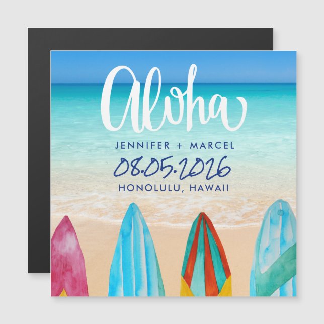 Carte Magnétique Hawaii Surfboard Aloha Beach Wedding Enregistrer l (Devant / Derrière)