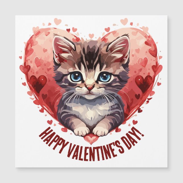 Carte Magnétique Heureuse Sainte-Valentin Little Kitten avec coeur (Devant)