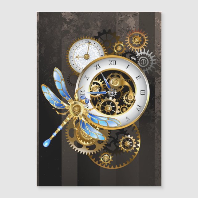 Carte Magnétique Horloge à vapeur avec libellule mécanique (Devant)