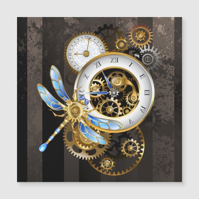 Carte Magnétique Horloge à vapeur avec libellule mécanique (Devant)