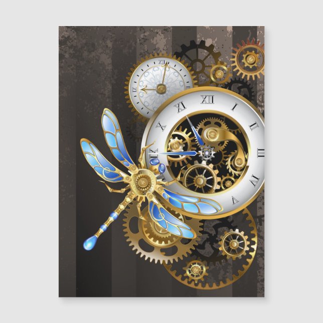 Carte Magnétique Horloge à vapeur avec libellule mécanique (Devant)
