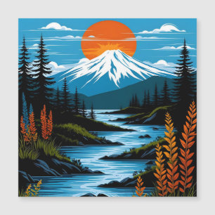 Carte Magnétique Illustration du paysage de la montagne Retro Rouge