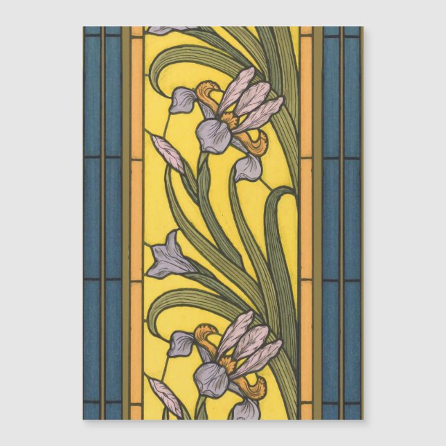 Carte Magnétique Iris Fleur Art Nouveau Vitrail Bleu Or (Devant)