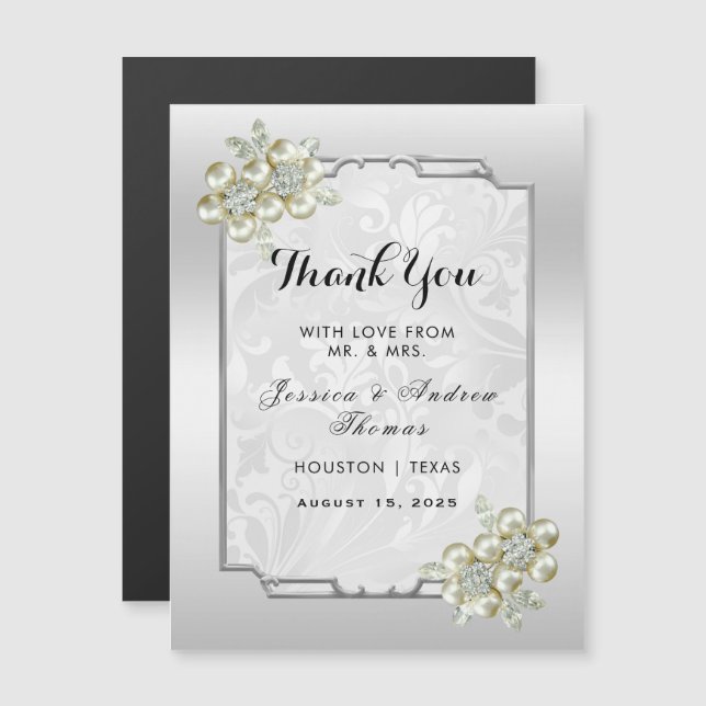Carte Magnétique Jeu floral élégant, Merci Mariage encadré d'argent (Devant / Derrière)