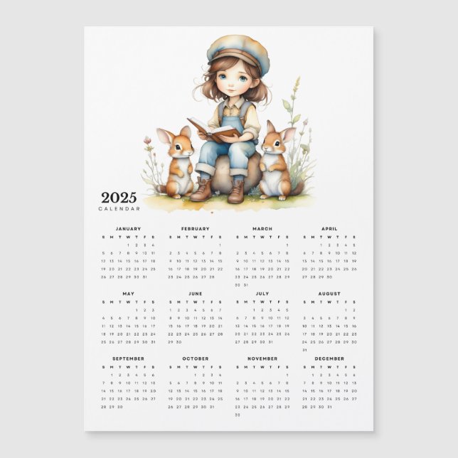 Carte Magnétique Jeune fille lit à lapins 2025 Calendrier magnétiqu (Devant)