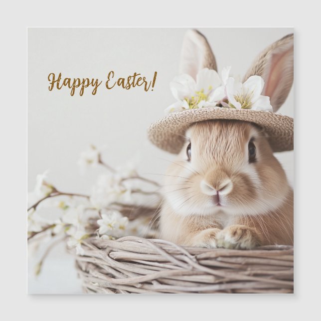 Carte Magnétique joli beau lapin dans un chapeau dans un panier  (Devant)