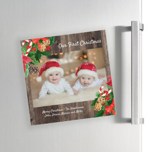 Carte Magnétique Joli bois rustique premier Noël de bébé photo
