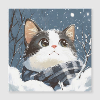 Carte Magnétique Joli chat pelucheux neige d'hiver