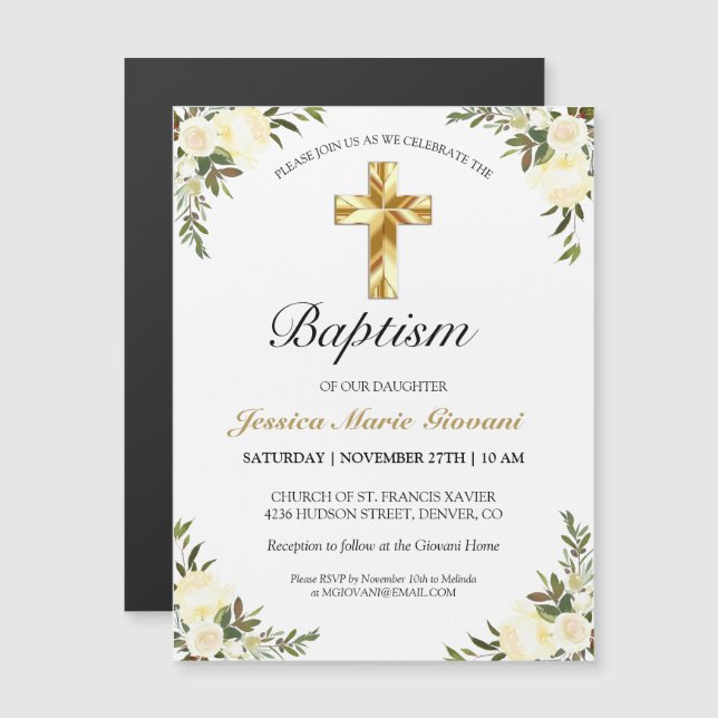 Carte Magnétique Joli Creme Rose Gold Cross Baptême (Devant / Derrière)