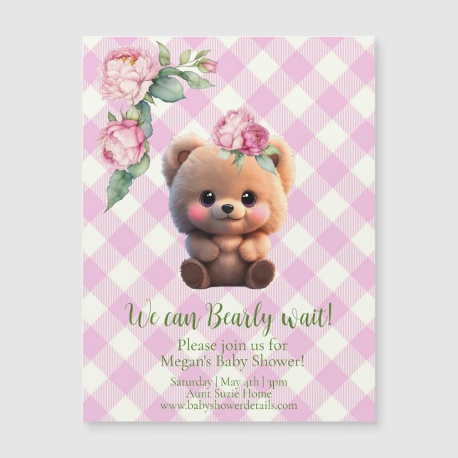 Carte Magnétique Joli ours en peluche rose en vichy Baby shower fle (Devant)