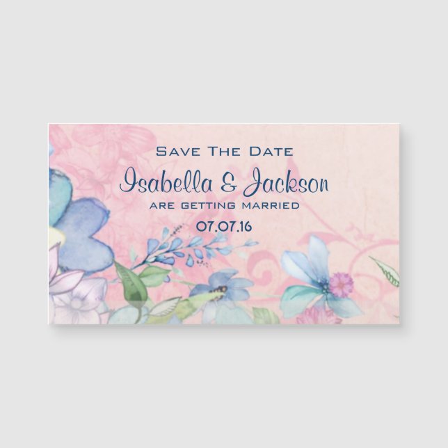 Carte Magnétique Joli rose et bleu floral Enregistrer la date (Devant)