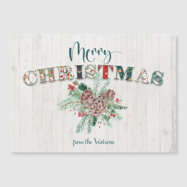 Carte Magnétique Joli Russe Floral Joyeux Noël Typographie (Devant)