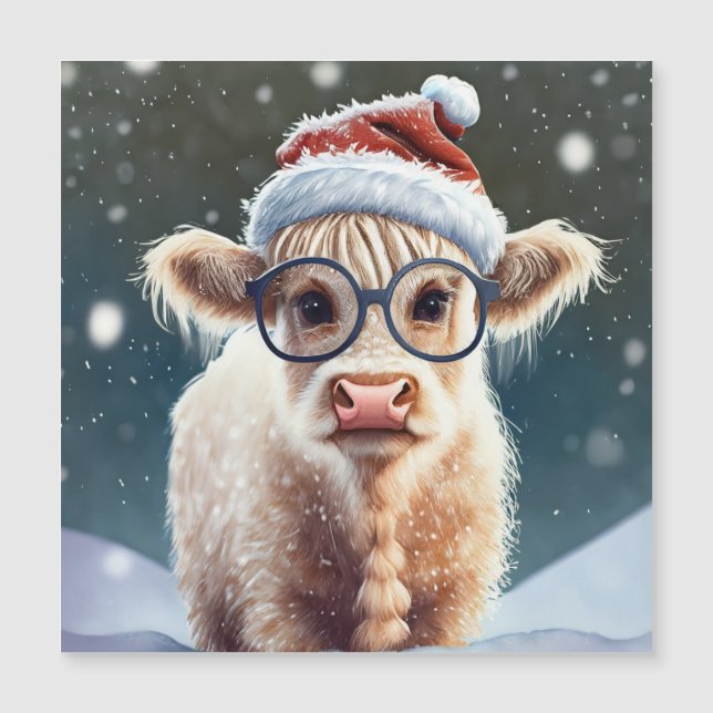 Carte Magnétique Jolie vache Highland dans la neige (Devant)