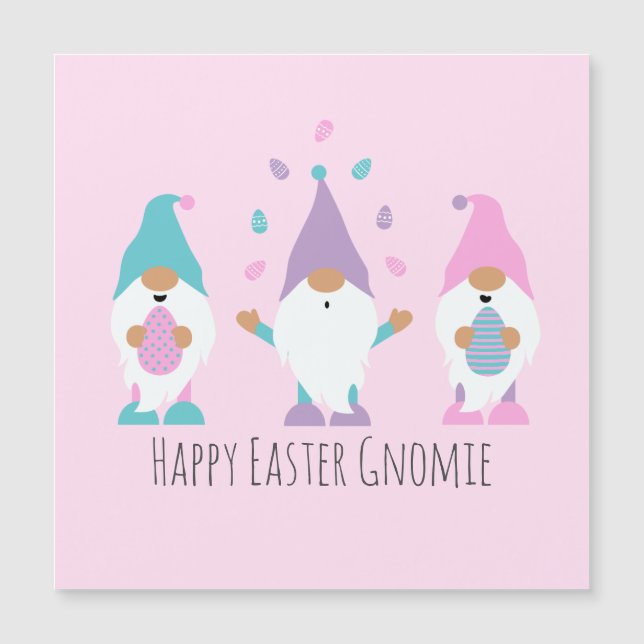 Carte Magnétique Joyeuse Gnomie de Pâques Jonglant des oeufs de Pâq (Devant)