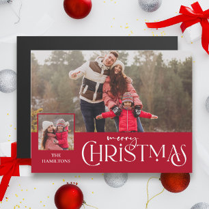 Carte Magnétique Joyeuse typographie de Noël Rouge à deux photos