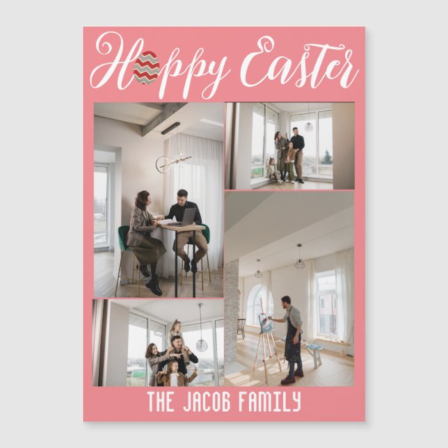 Carte Magnétique Joyeuses Pâques famille, Pâques quatre photos mont (Devant)