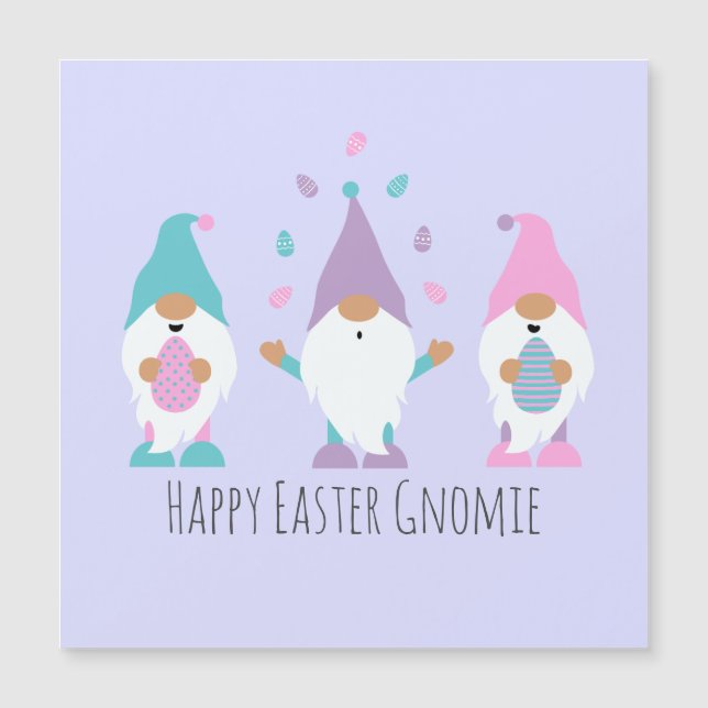 Carte Magnétique Joyeuses Pâques Gnome Jonglant des Œufs de Pâques (Devant)