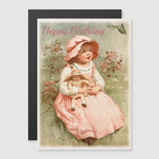 Carte Magnétique Joyeux anniversaire - Enfant Holding Doll Design V (Devant / Derrière)