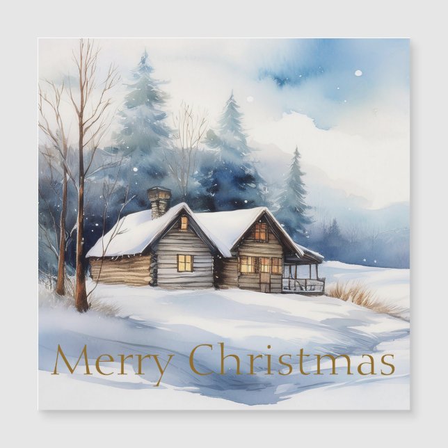 Carte Magnétique Joyeux Cabine de Noël dans un paysage enneigé (Devant)